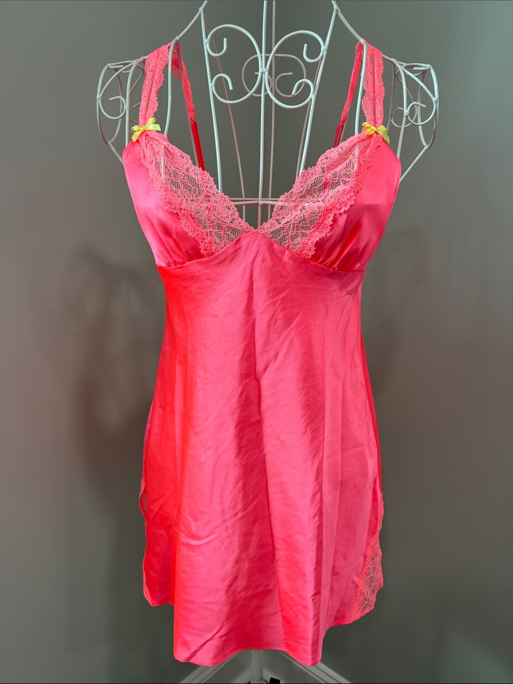 Victoria's Secret Bright Pink Satin Lace Chemise with Yellow Bow Accents